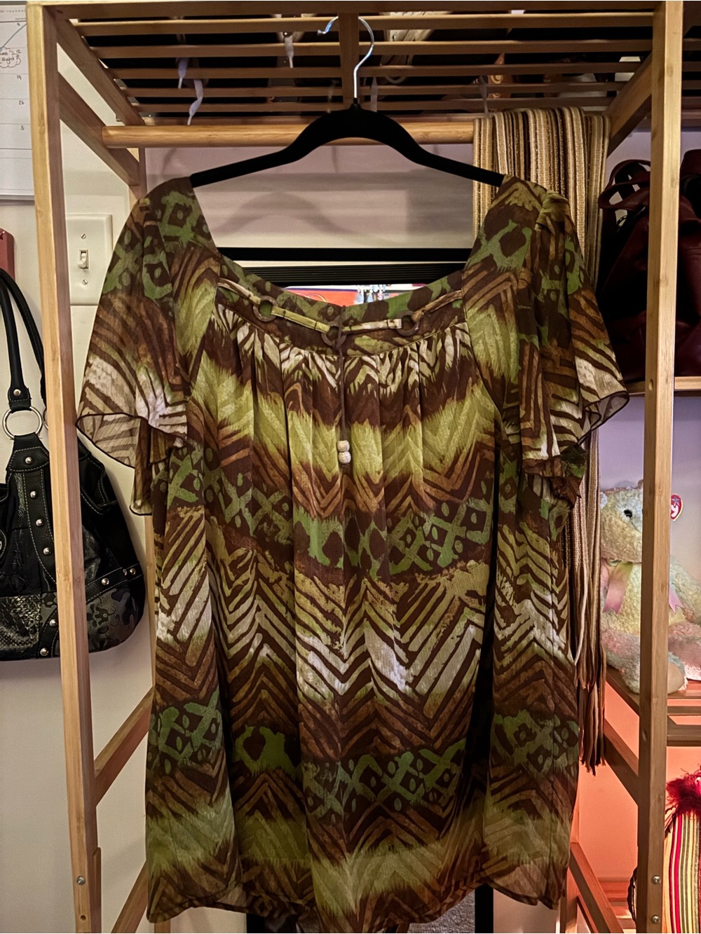Zac & Rachel Olive Green and Brown Boho Off-Shoulder Tunic